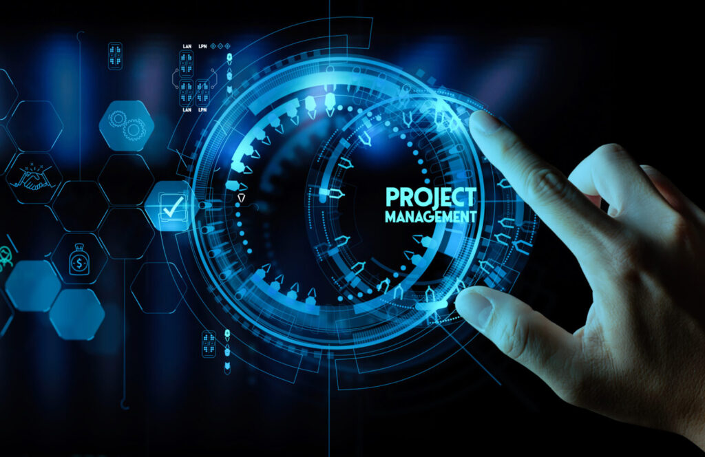 hand working with project manager and icons about planning tasks and milestones on schedule, cost management of Ui computer