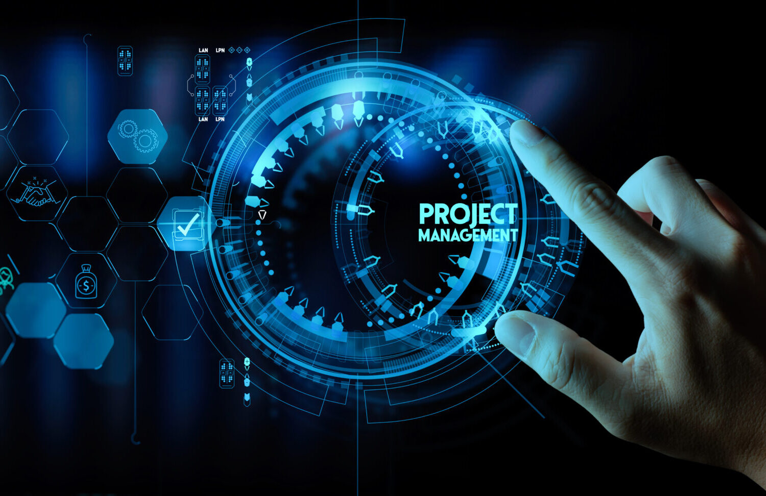 hand working with project manager and icons about planning tasks and milestones on schedule, cost management of Ui computer