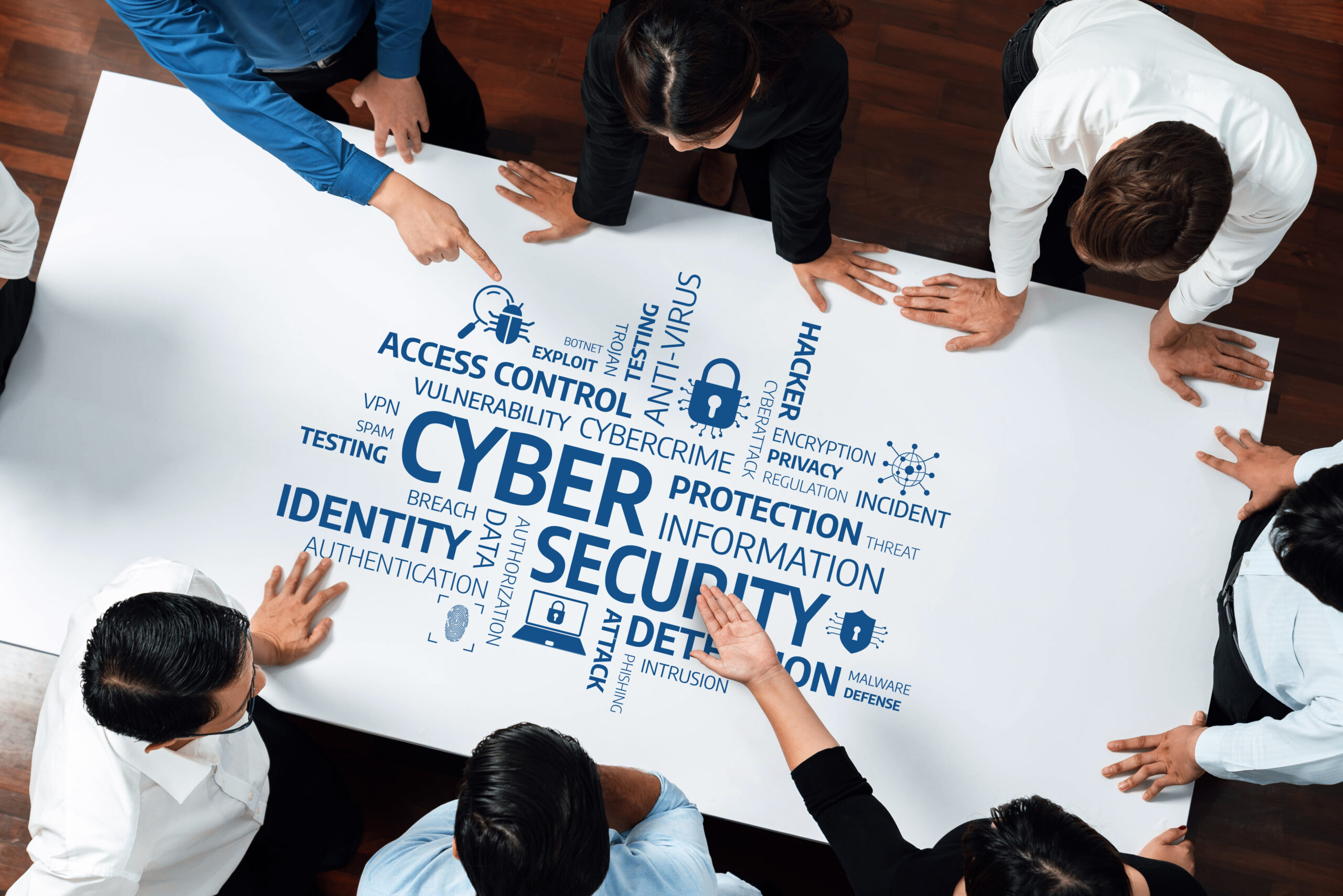 A diverse team working on a cybersecurity strategy.
