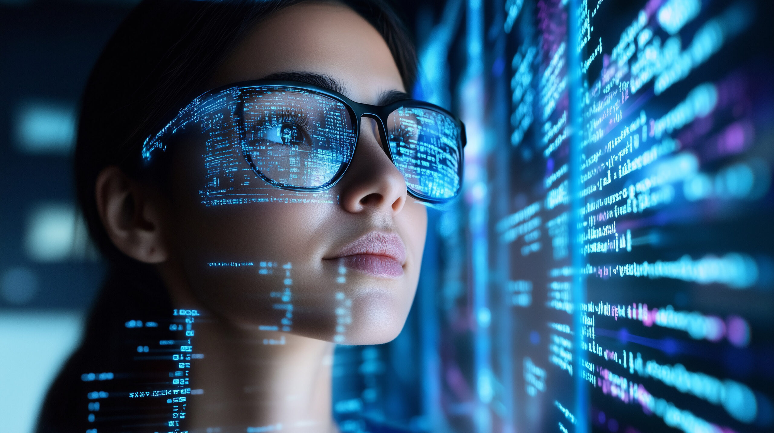 image of a female IT specialist analyzing code, data technology, cyber security, etc.