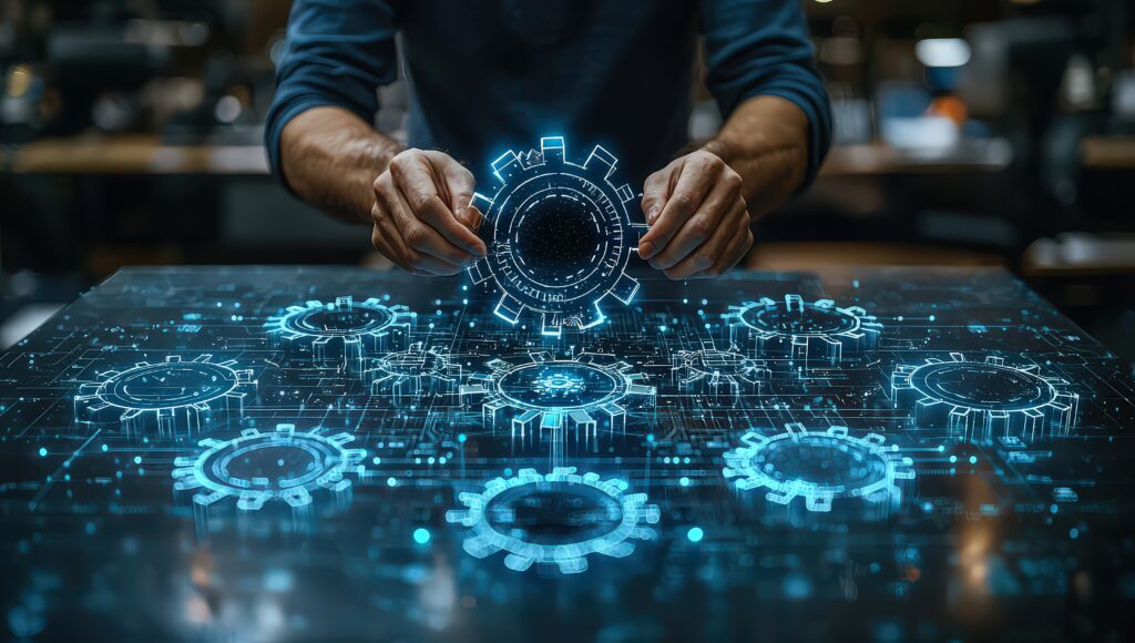 Human connecting gears on a digital table with a hologram icon of innovation and technology