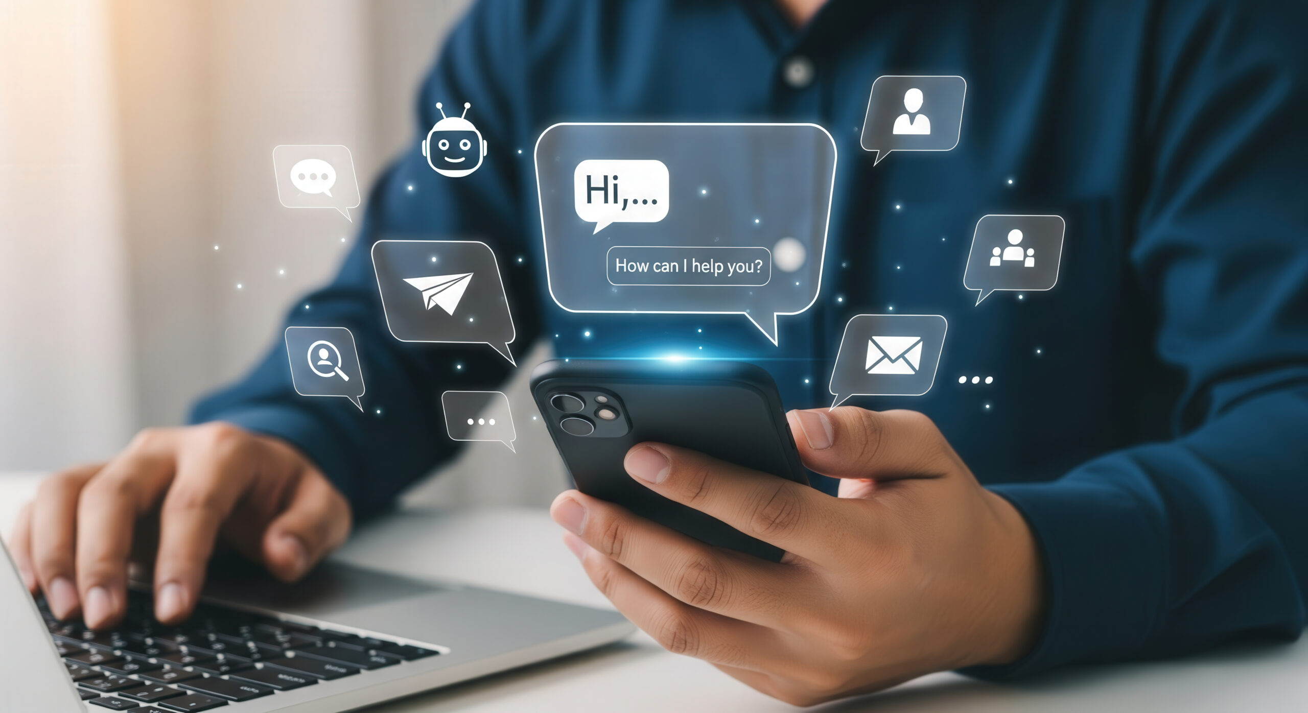 a man on his laptop and phone with icons that shows chatbot, users, email, sending email, comments, and search.
