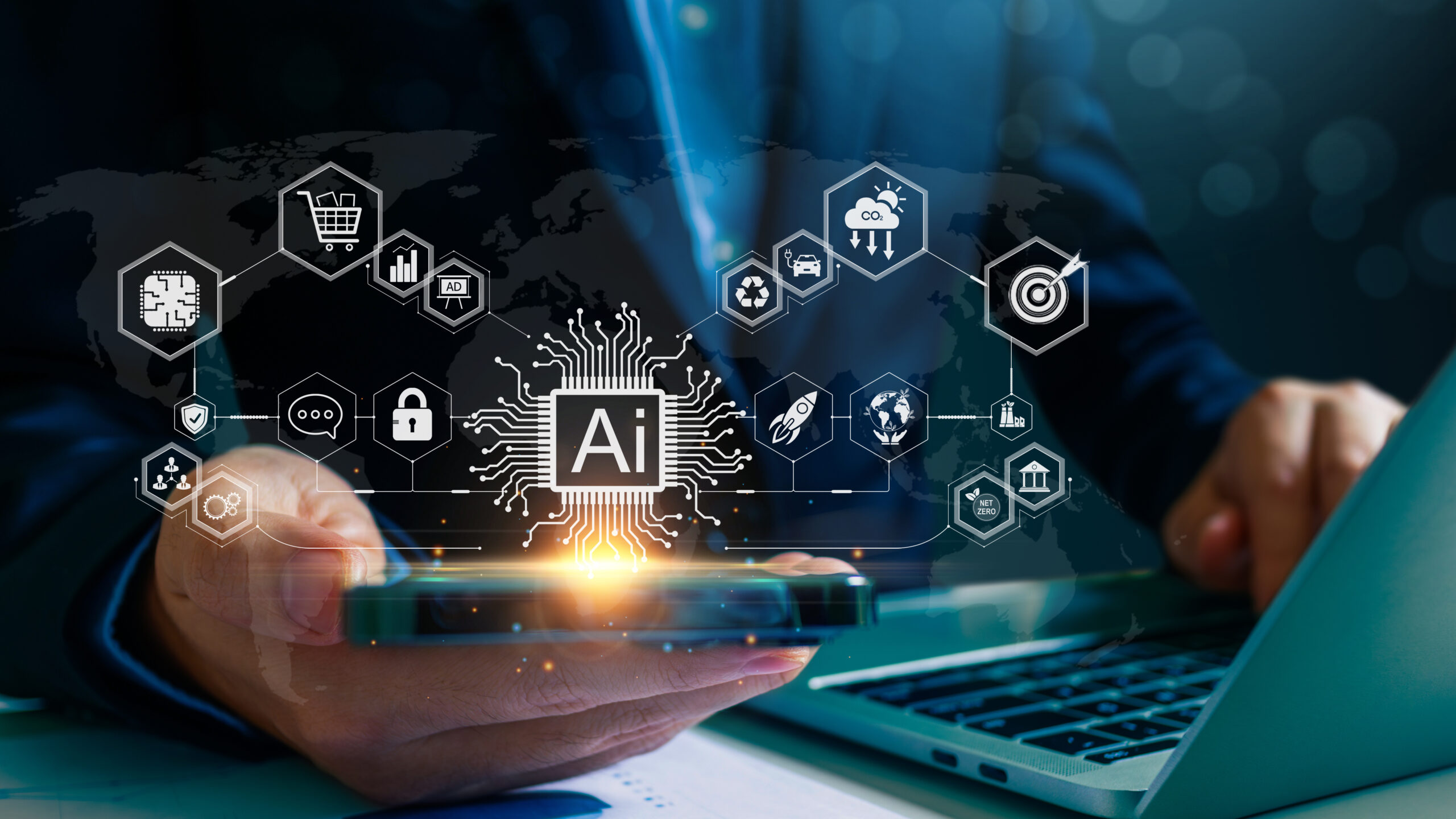 Artificial Intelligence and chatbot concept.Person hand using laptop chat with ai intelligent in cyberspace for learning education, cloud computing, environmental, data protection, search, robot, business.